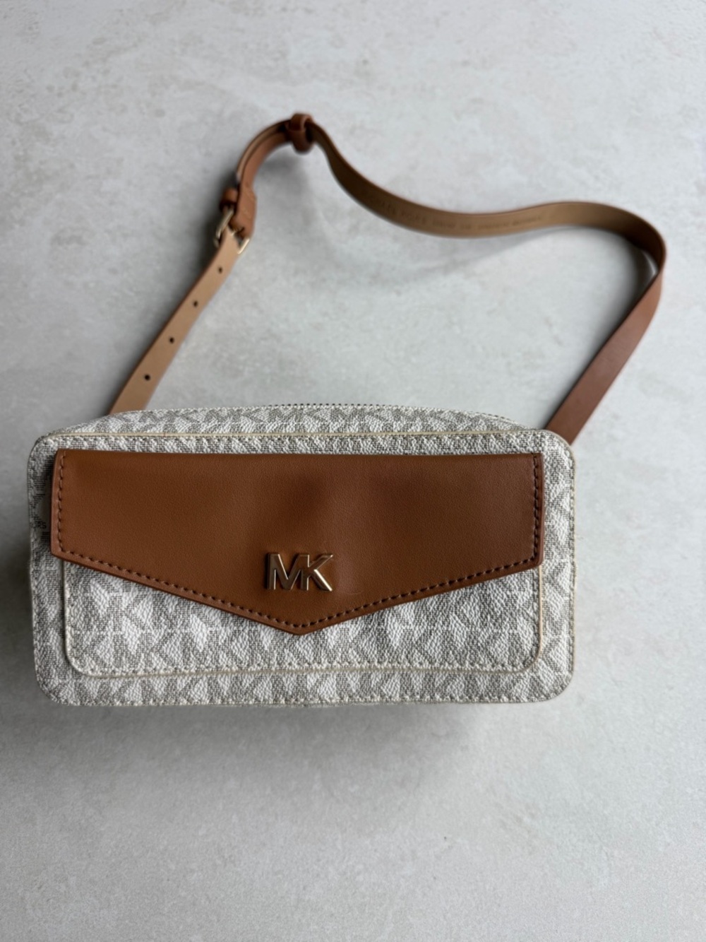 Michael Kors Cream Logo Crossbody with Brown Leather Flap